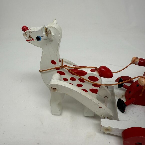 Vintage Wooden Santa Sleigh Reindeer Figurine Red White Holiday Christmas Kitsch - Picture 9 of 9